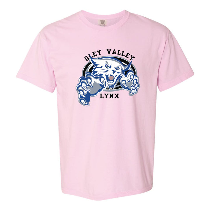 Oley Valley Lynx Mascot Crest comfort colors t-shirt in Blossom: the full-color lynx mascot bursting out of an oval, with Oley Valley arched above and LYNX below