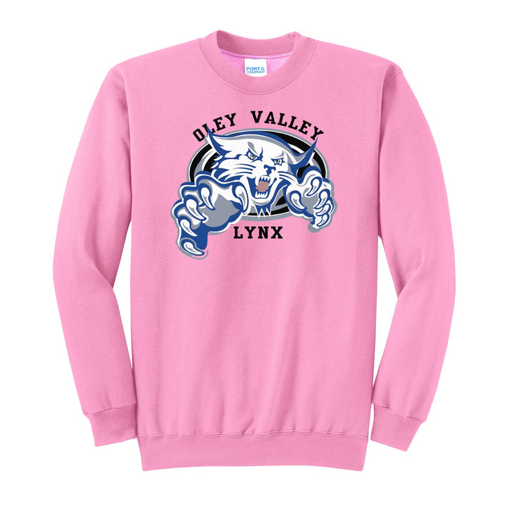 Oley Valley Lynx Mascot Crest crewneck sweatshirt in Candy Pink: the full-color lynx mascot bursting out of an oval, with Oley Valley arched above and LYNX below
