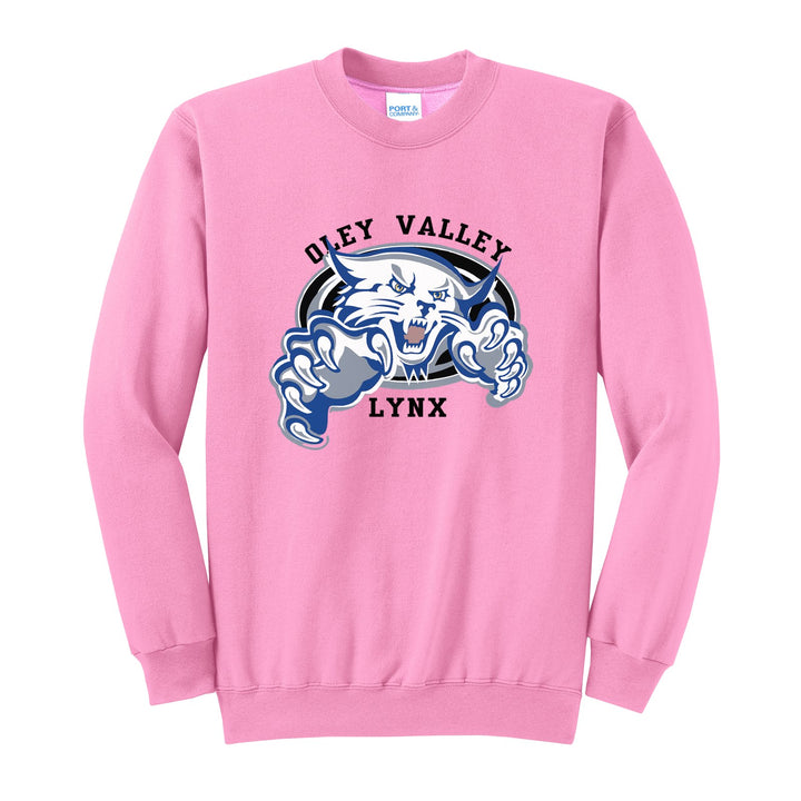 Oley Valley Lynx Mascot Crest crewneck sweatshirt in Candy Pink: the full-color lynx mascot bursting out of an oval, with Oley Valley arched above and LYNX below