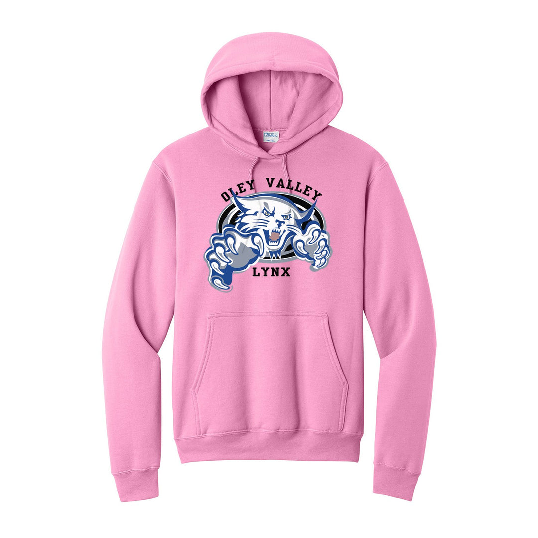 Oley Valley Lynx Mascot Crest hoodie in Candy Pink: the full-color lynx mascot bursting out of an oval, with Oley Valley arched above and LYNX below