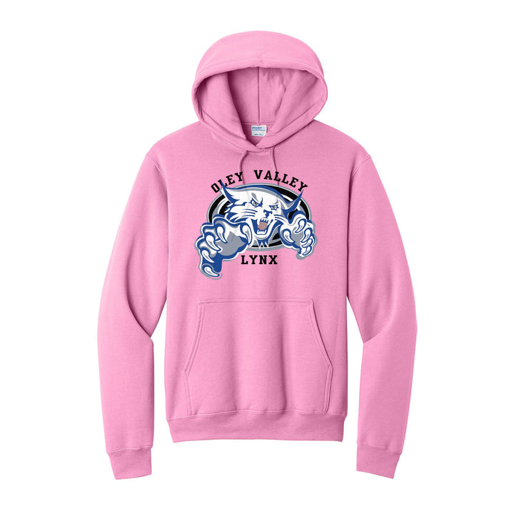Oley Valley Lynx Mascot Crest hoodie in Candy Pink: the full-color lynx mascot bursting out of an oval, with Oley Valley arched above and LYNX below