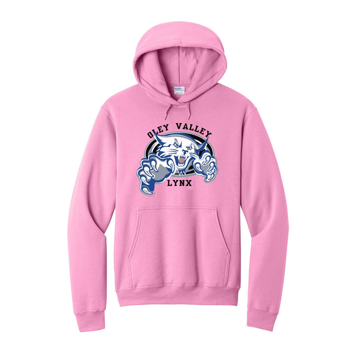 Oley Valley Lynx Mascot Crest hoodie in Candy Pink: the full-color lynx mascot bursting out of an oval, with Oley Valley arched above and LYNX below