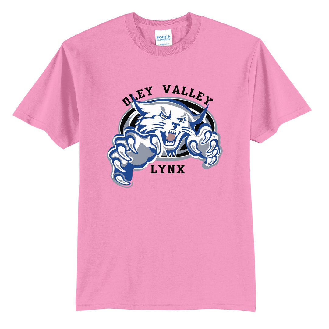 Oley Valley Lynx Mascot Crest t-shirt in Candy Pink: the full-color lynx mascot bursting out of an oval, with Oley Valley arched above and LYNX below