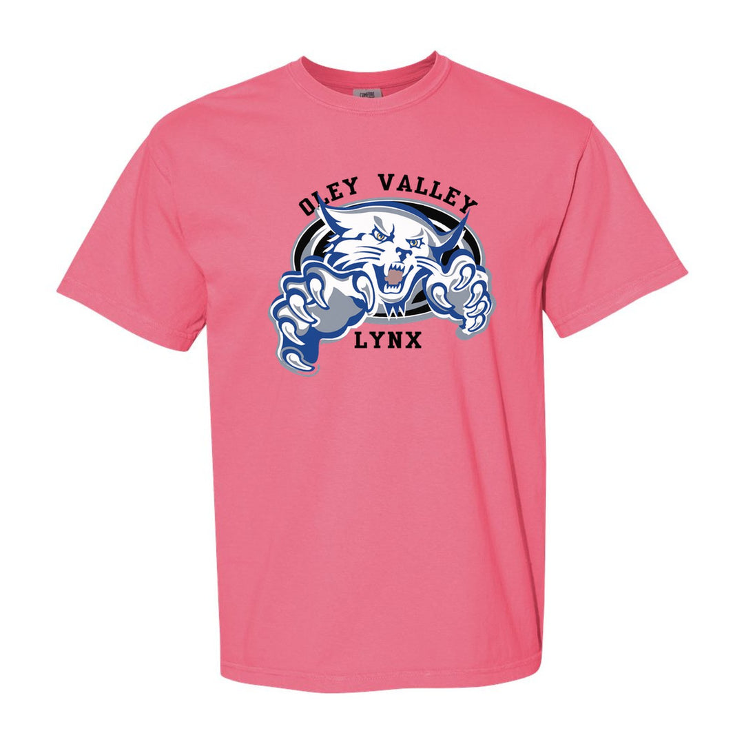 Oley Valley Lynx Mascot Crest comfort colors t-shirt in Crunchberry: the full-color lynx mascot bursting out of an oval, with Oley Valley arched above and LYNX below