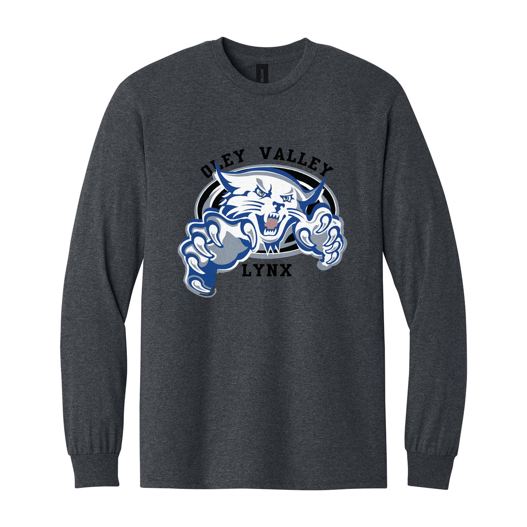 Oley Valley Lynx Mascot Crest long sleeve t-shirt in Dark Heather: the full-color lynx mascot bursting out of an oval, with Oley Valley arched above and LYNX below