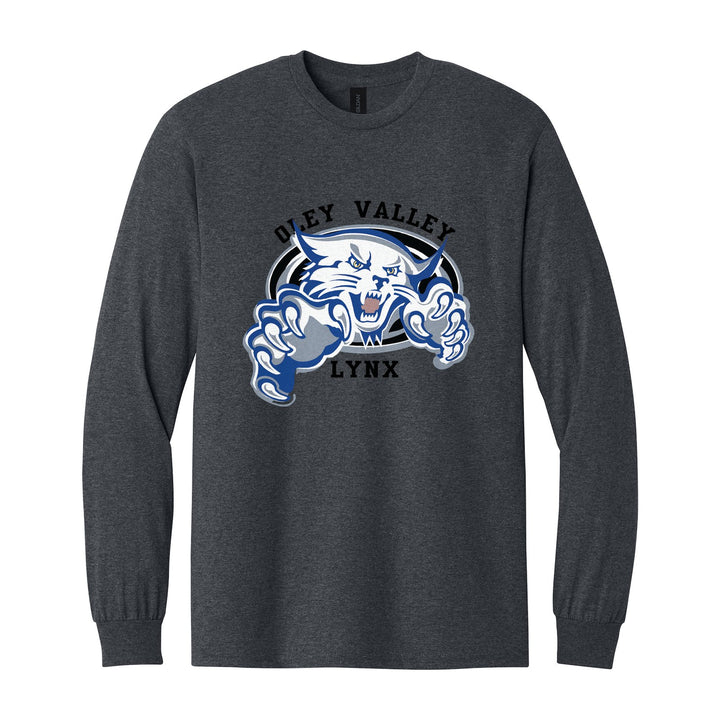 Oley Valley Lynx Mascot Crest long sleeve t-shirt in Dark Heather: the full-color lynx mascot bursting out of an oval, with Oley Valley arched above and LYNX below