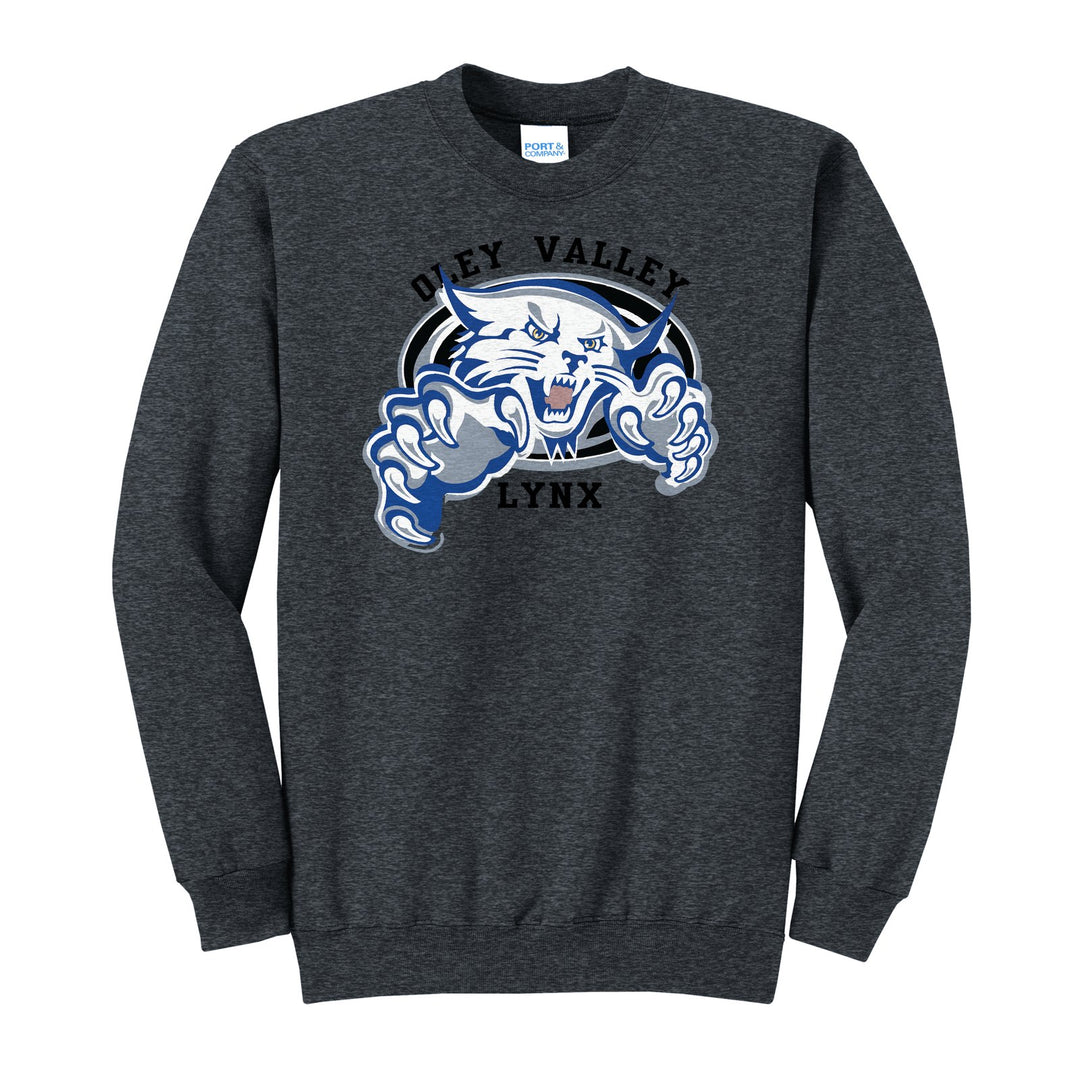 Oley Valley Lynx Mascot Crest crewneck sweatshirt in Dark Heather Grey: the full-color lynx mascot bursting out of an oval, with Oley Valley arched above and LYNX below