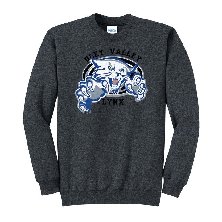 Oley Valley Lynx Mascot Crest crewneck sweatshirt in Dark Heather Grey: the full-color lynx mascot bursting out of an oval, with Oley Valley arched above and LYNX below
