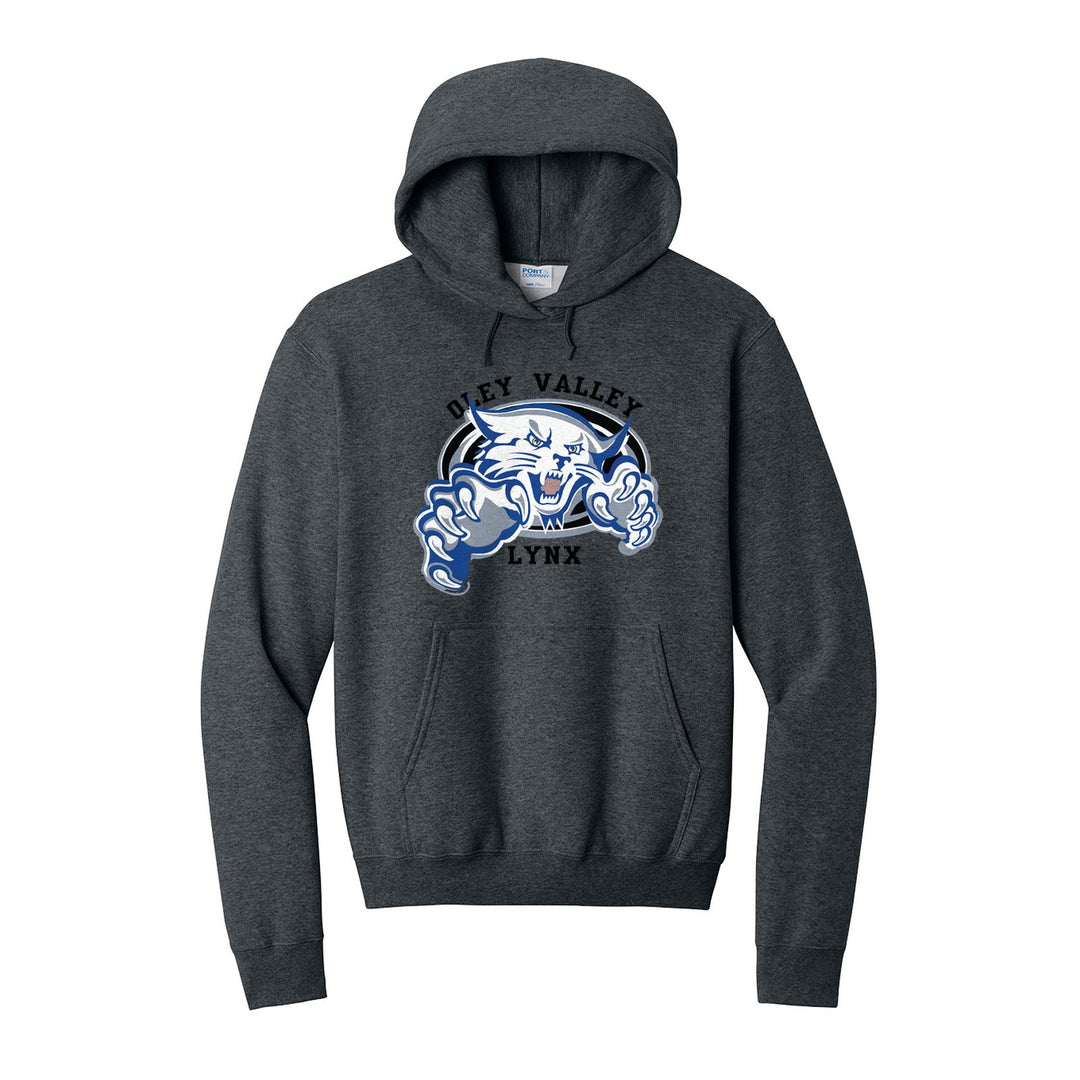 Oley Valley Lynx Mascot Crest hoodie in Dark Heather Grey: the full-color lynx mascot bursting out of an oval, with Oley Valley arched above and LYNX below