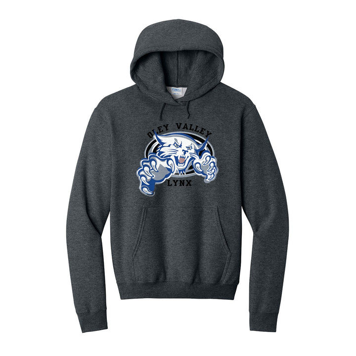Oley Valley Lynx Mascot Crest hoodie in Dark Heather Grey: the full-color lynx mascot bursting out of an oval, with Oley Valley arched above and LYNX below