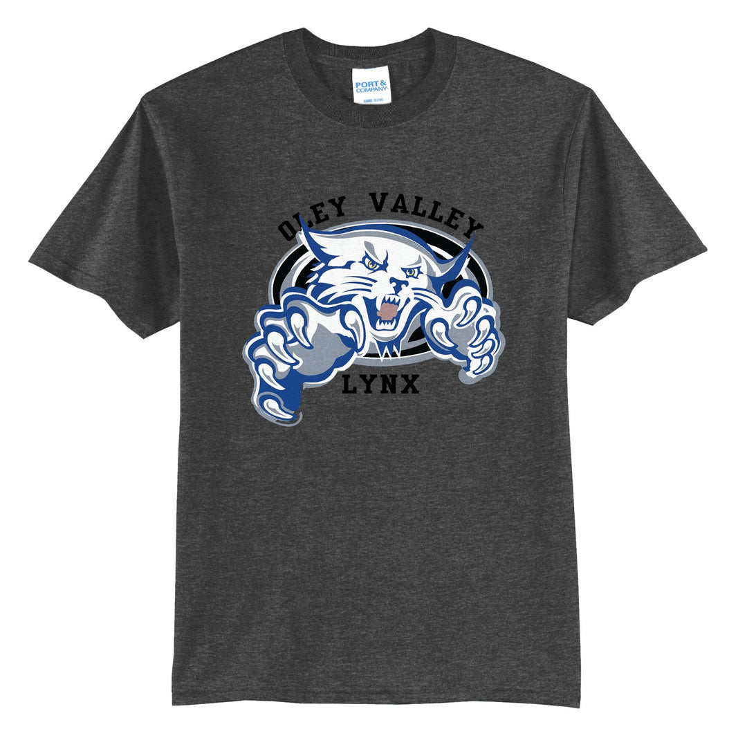 Oley Valley Lynx Mascot Crest t-shirt in Dark Heather Grey: the full-color lynx mascot bursting out of an oval, with Oley Valley arched above and LYNX below