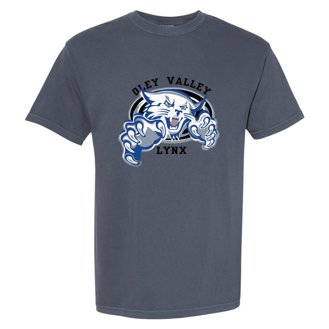 Oley Valley Lynx Mascot Crest comfort colors t-shirt in Denim: the full-color lynx mascot bursting out of an oval, with Oley Valley arched above and LYNX below