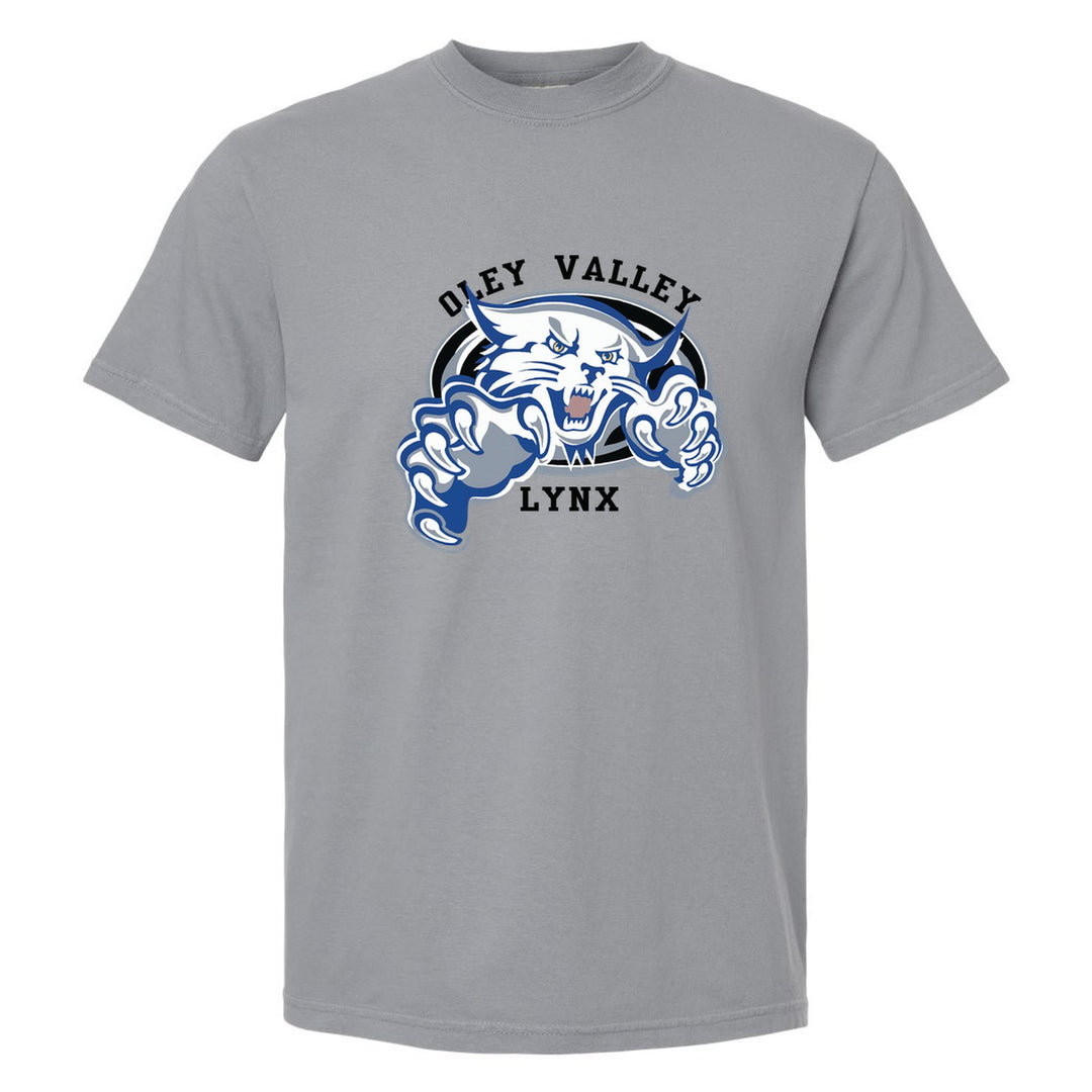 Oley Valley Lynx Mascot Crest comfort colors t-shirt in Granite: the full-color lynx mascot bursting out of an oval, with Oley Valley arched above and LYNX below