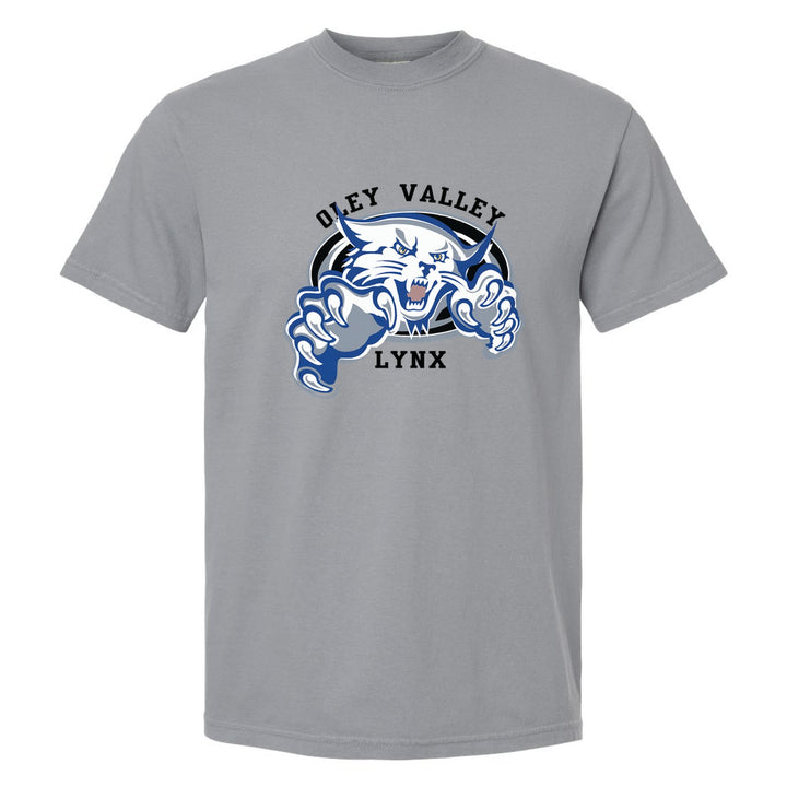 Oley Valley Lynx Mascot Crest comfort colors t-shirt in Granite: the full-color lynx mascot bursting out of an oval, with Oley Valley arched above and LYNX below