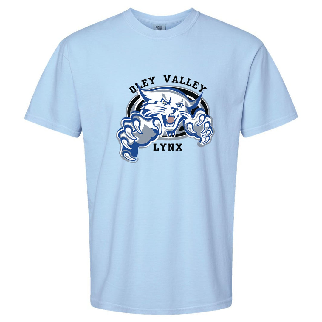 Oley Valley Lynx Mascot Crest comfort colors t-shirt in Hydrangea: the full-color lynx mascot bursting out of an oval, with Oley Valley arched above and LYNX below