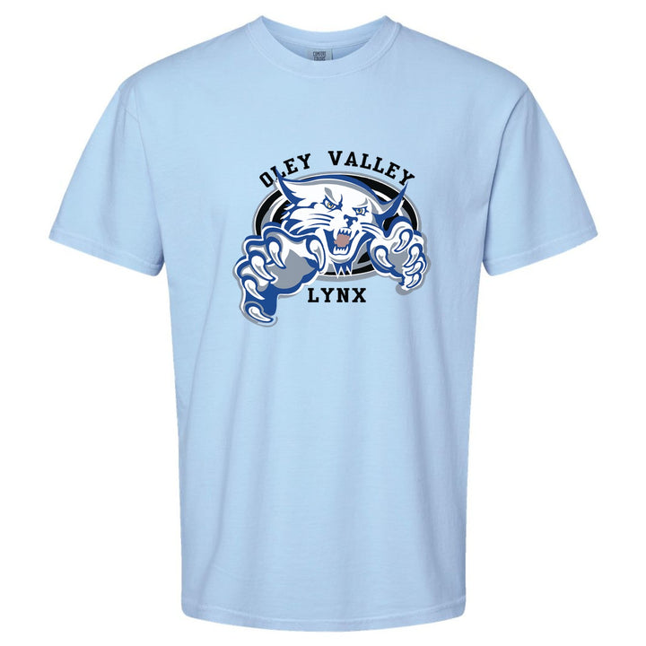 Oley Valley Lynx Mascot Crest comfort colors t-shirt in Hydrangea: the full-color lynx mascot bursting out of an oval, with Oley Valley arched above and LYNX below