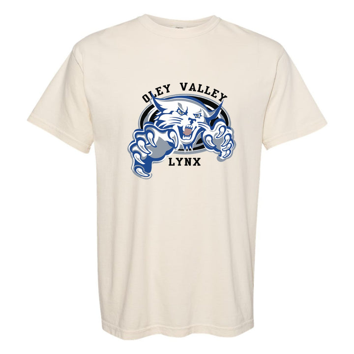 Oley Valley Lynx Mascot Crest comfort colors t-shirt in Ivory: the full-color lynx mascot bursting out of an oval, with Oley Valley arched above and LYNX below