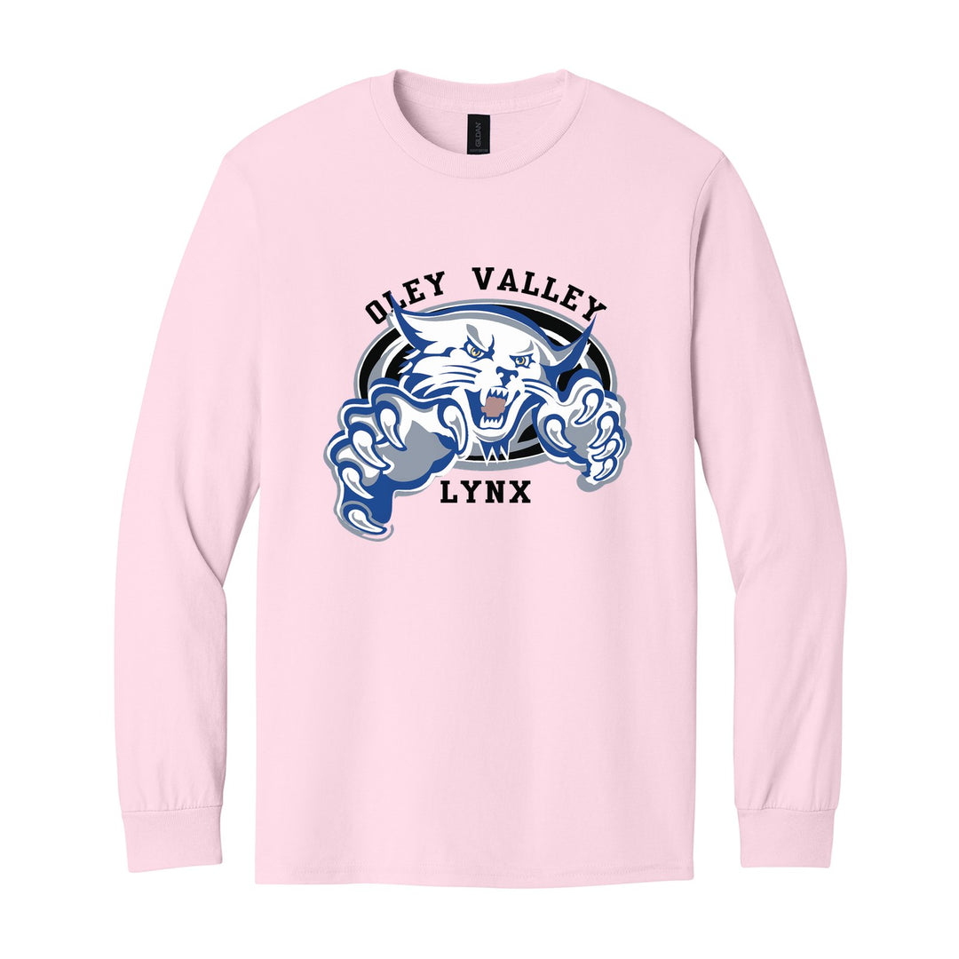 Oley Valley Lynx Mascot Crest long sleeve t-shirt in Light Pink: the full-color lynx mascot bursting out of an oval, with Oley Valley arched above and LYNX below