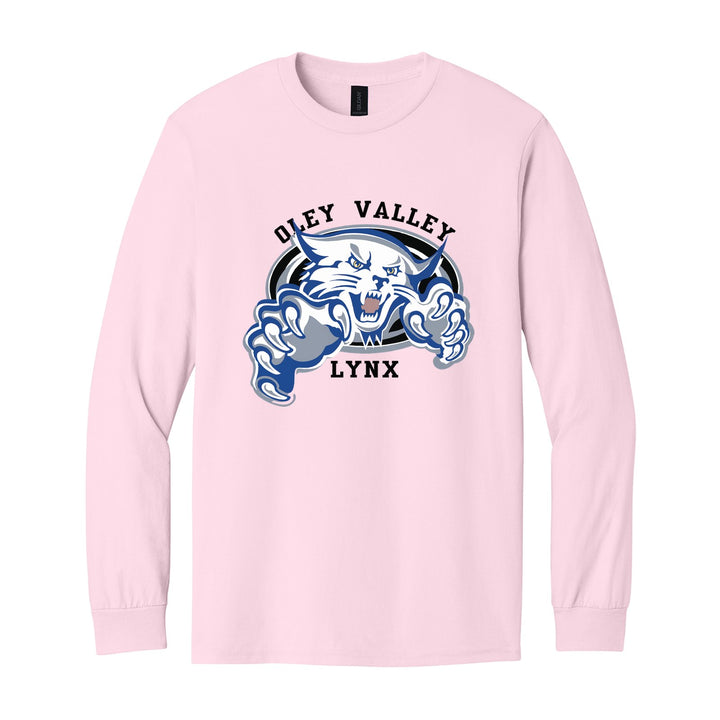 Oley Valley Lynx Mascot Crest long sleeve t-shirt in Light Pink: the full-color lynx mascot bursting out of an oval, with Oley Valley arched above and LYNX below