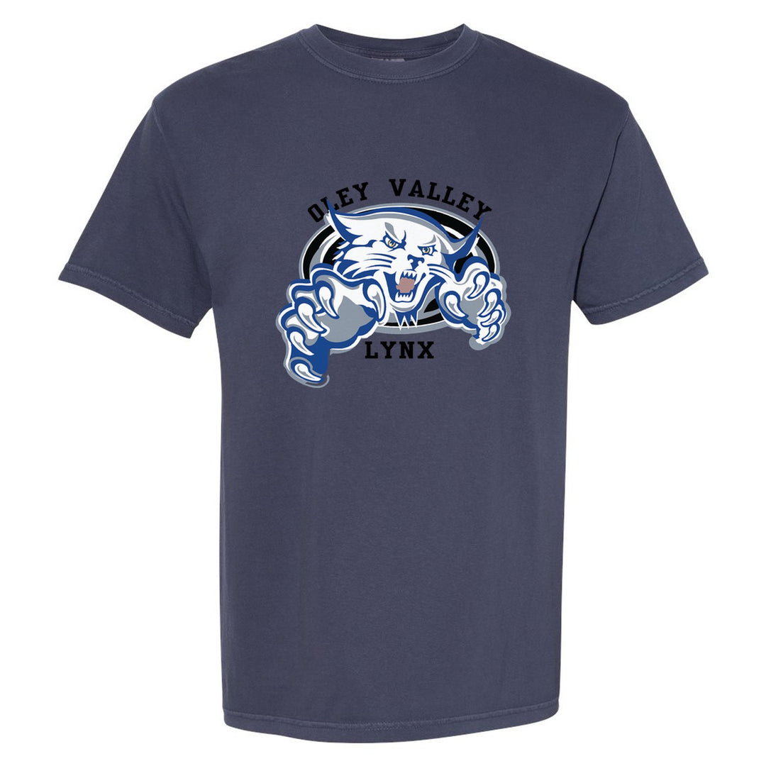 Oley Valley Lynx Mascot Crest comfort colors t-shirt in Navy: the full-color lynx mascot bursting out of an oval, with Oley Valley arched above and LYNX below