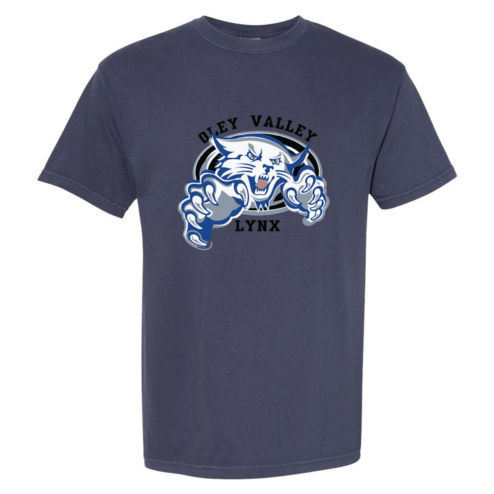 Oley Valley Lynx Mascot Crest comfort colors t-shirt in Navy: the full-color lynx mascot bursting out of an oval, with Oley Valley arched above and LYNX below