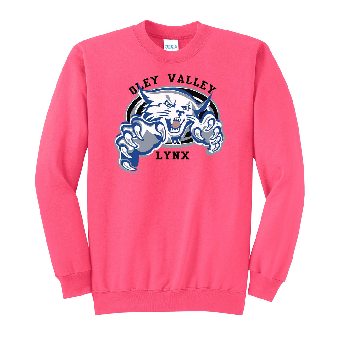 Oley Valley Lynx Mascot Crest crewneck sweatshirt in Neon Pink: the full-color lynx mascot bursting out of an oval, with Oley Valley arched above and LYNX below