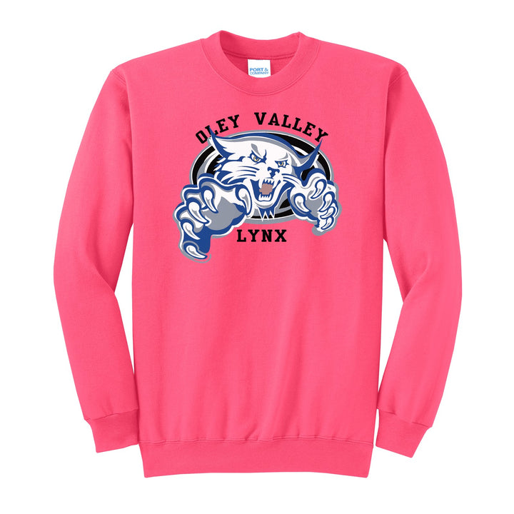 Oley Valley Lynx Mascot Crest crewneck sweatshirt in Neon Pink: the full-color lynx mascot bursting out of an oval, with Oley Valley arched above and LYNX below
