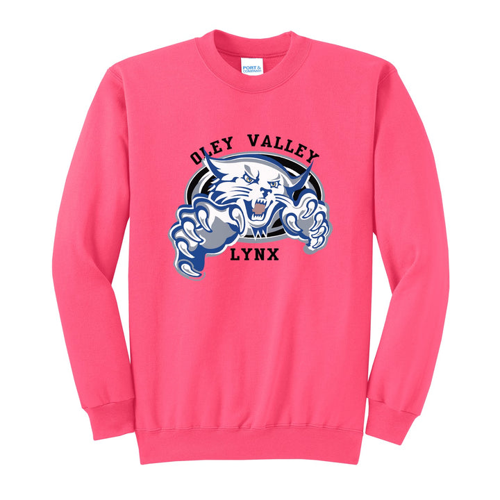 Oley Valley Lynx Mascot Crest crewneck sweatshirt in Neon Pink: the full-color lynx mascot bursting out of an oval, with Oley Valley arched above and LYNX below