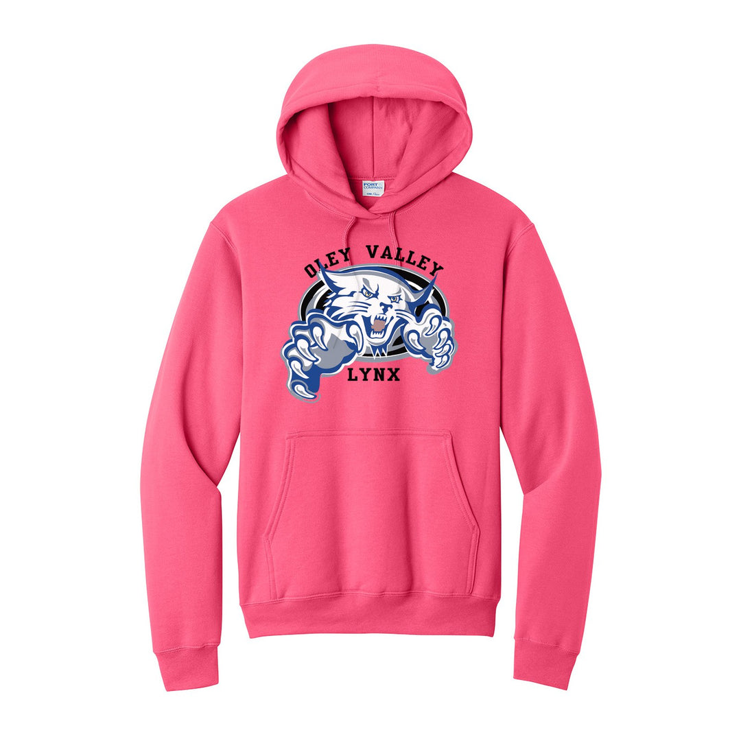 Oley Valley Lynx Mascot Crest hoodie in Neon Pink: the full-color lynx mascot bursting out of an oval, with Oley Valley arched above and LYNX below