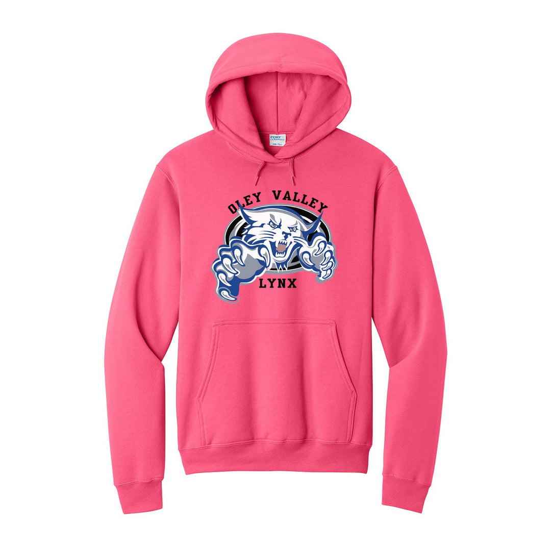 Oley Valley Lynx Mascot Crest hoodie in Neon Pink: the full-color lynx mascot bursting out of an oval, with Oley Valley arched above and LYNX below