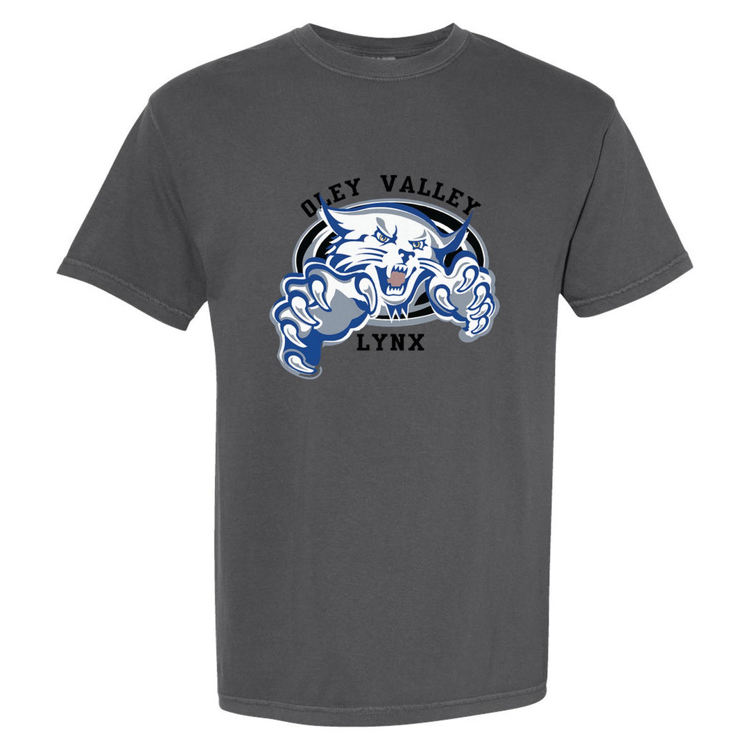 Oley Valley Lynx Mascot Crest comfort colors t-shirt in Pepper: the full-color lynx mascot bursting out of an oval, with Oley Valley arched above and LYNX below
