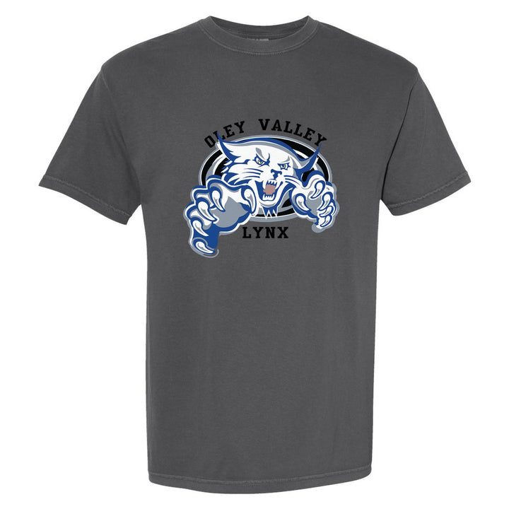 Oley Valley Lynx Mascot Crest comfort colors t-shirt in Pepper: the full-color lynx mascot bursting out of an oval, with Oley Valley arched above and LYNX below