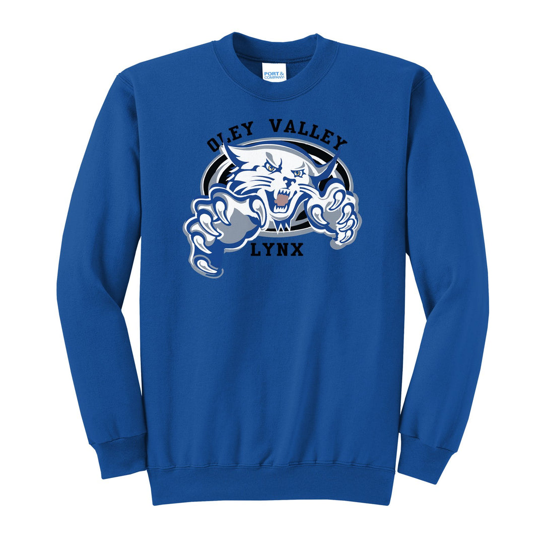Oley Valley Lynx Mascot Crest crewneck sweatshirt in Royal: the full-color lynx mascot bursting out of an oval, with Oley Valley arched above and LYNX below