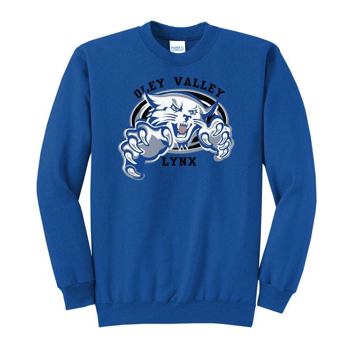 Oley Valley Lynx Mascot Crest crewneck sweatshirt in Royal: the full-color lynx mascot bursting out of an oval, with Oley Valley arched above and LYNX below