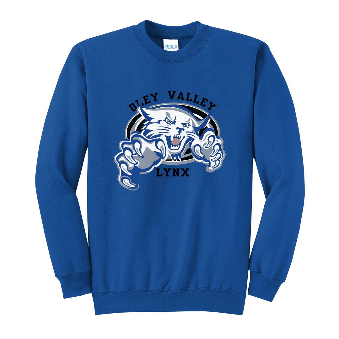 Oley Valley Lynx Mascot Crest crewneck sweatshirt in Royal: the full-color lynx mascot bursting out of an oval, with Oley Valley arched above and LYNX below