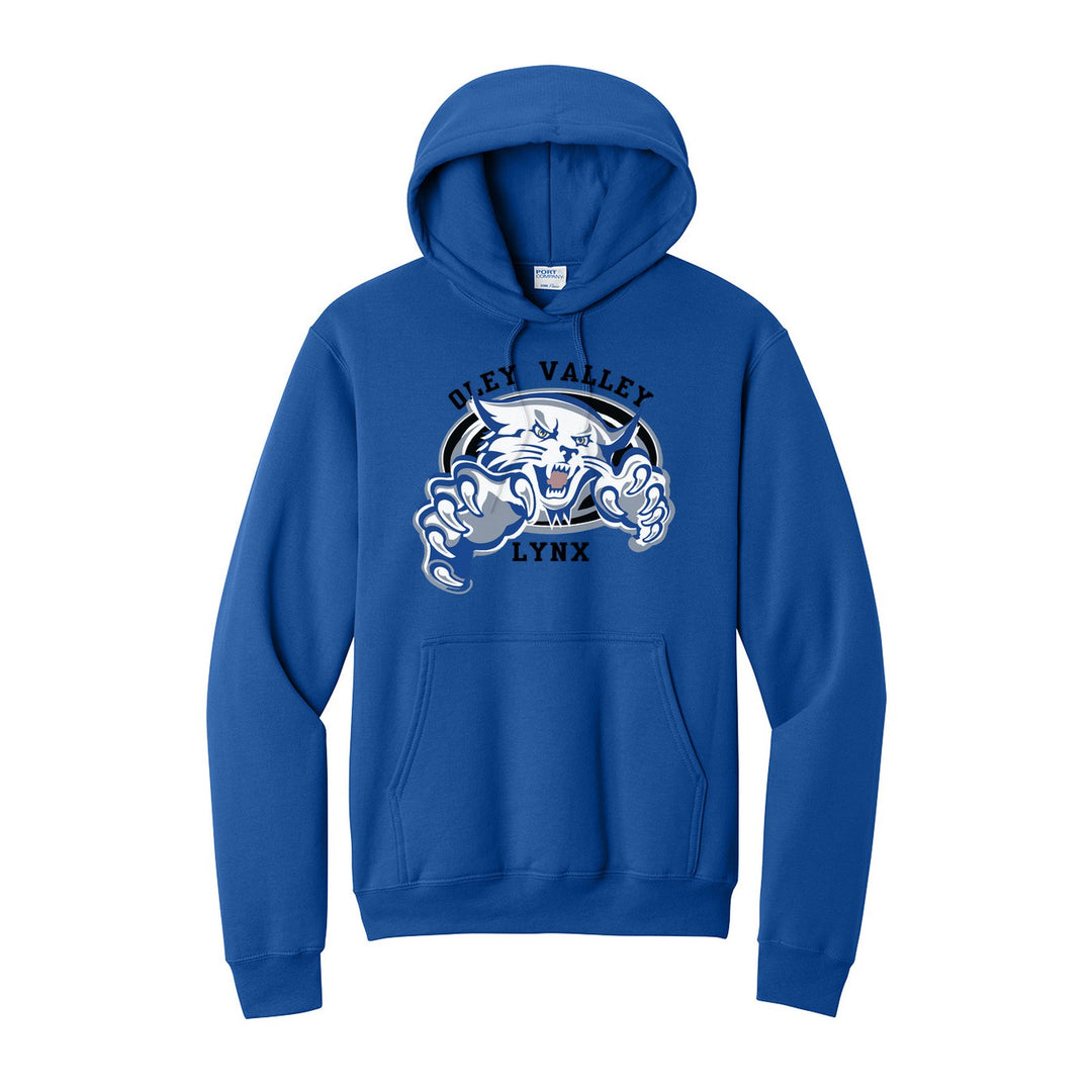 Oley Valley Lynx Mascot Crest hoodie in Royal: the full-color lynx mascot bursting out of an oval, with Oley Valley arched above and LYNX below