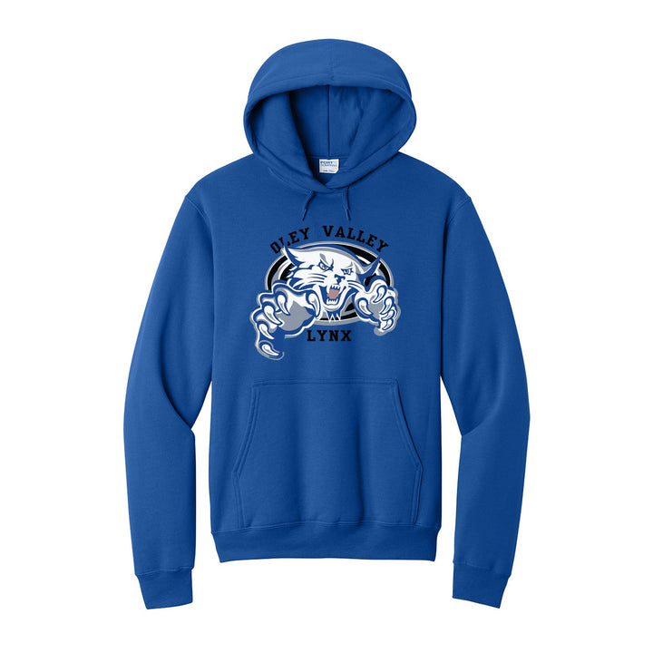 Oley Valley Lynx Mascot Crest hoodie in Royal: the full-color lynx mascot bursting out of an oval, with Oley Valley arched above and LYNX below