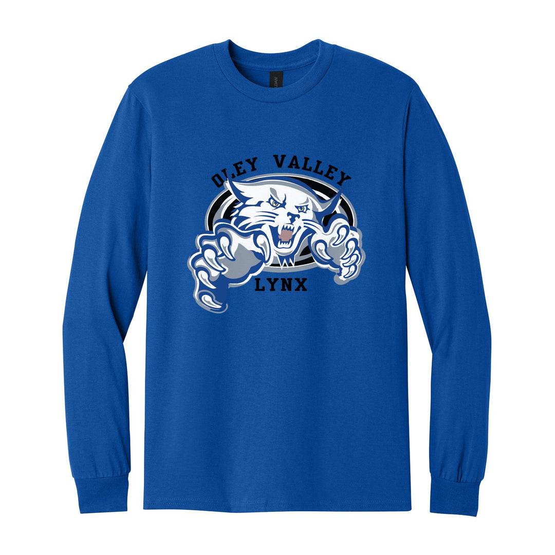 Oley Valley Lynx Mascot Crest long sleeve t-shirt in Royal: the full-color lynx mascot bursting out of an oval, with Oley Valley arched above and LYNX below