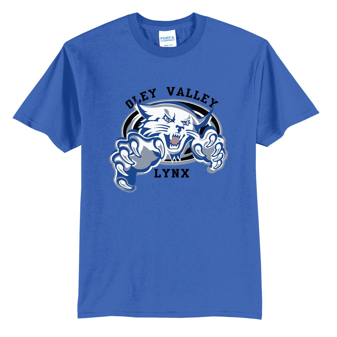 Oley Valley Lynx Mascot Crest t-shirt in Royal: the full-color lynx mascot bursting out of an oval, with Oley Valley arched above and LYNX below