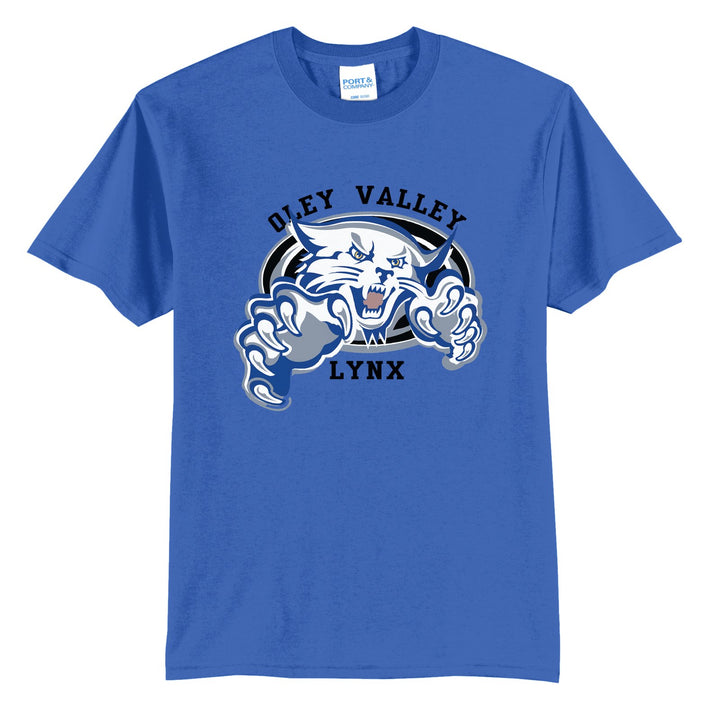 Oley Valley Lynx Mascot Crest t-shirt in Royal: the full-color lynx mascot bursting out of an oval, with Oley Valley arched above and LYNX below