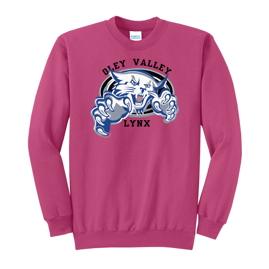 Oley Valley Lynx Mascot Crest crewneck sweatshirt in Sangria: the full-color lynx mascot bursting out of an oval, with Oley Valley arched above and LYNX below