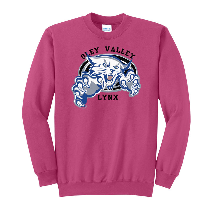 Oley Valley Lynx Mascot Crest crewneck sweatshirt in Sangria: the full-color lynx mascot bursting out of an oval, with Oley Valley arched above and LYNX below
