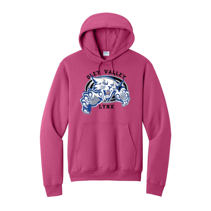 Oley Valley Lynx Mascot Crest hoodie in Sangria: the full-color lynx mascot bursting out of an oval, with Oley Valley arched above and LYNX below