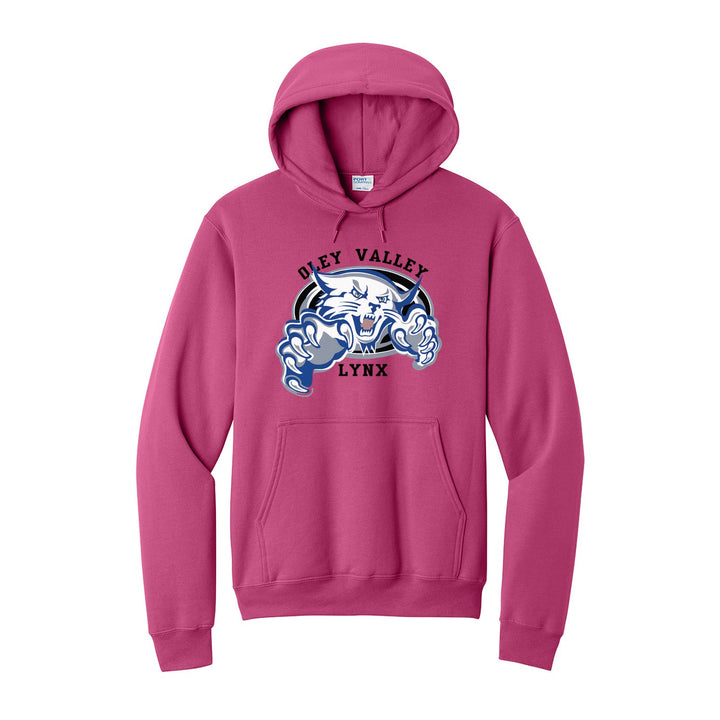 Oley Valley Lynx Mascot Crest hoodie in Sangria: the full-color lynx mascot bursting out of an oval, with Oley Valley arched above and LYNX below