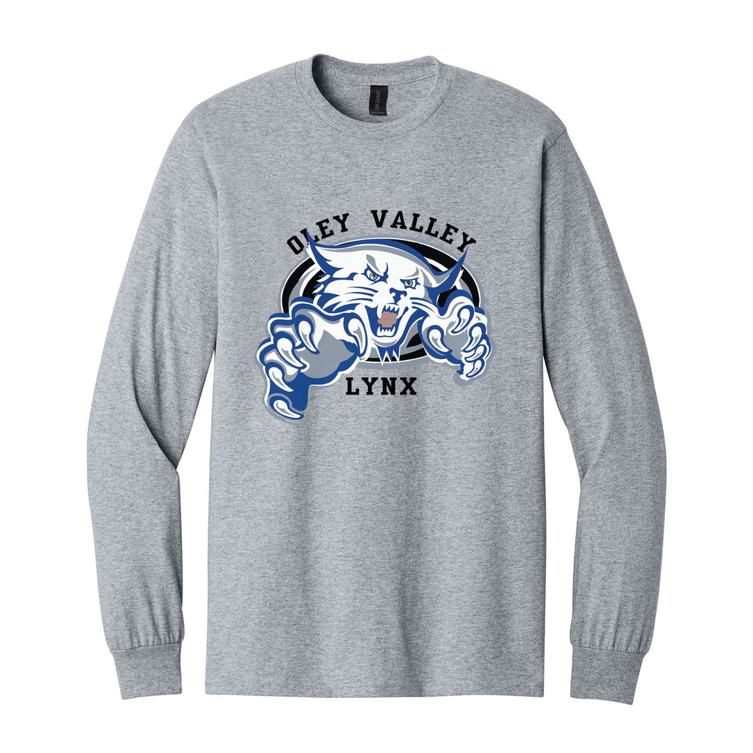 Oley Valley Lynx Mascot Crest long sleeve t-shirt in Sport Grey: the full-color lynx mascot bursting out of an oval, with Oley Valley arched above and LYNX below