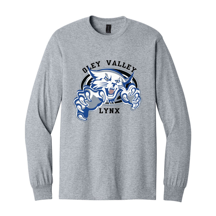 Oley Valley Lynx Mascot Crest long sleeve t-shirt in Sport Grey: the full-color lynx mascot bursting out of an oval, with Oley Valley arched above and LYNX below