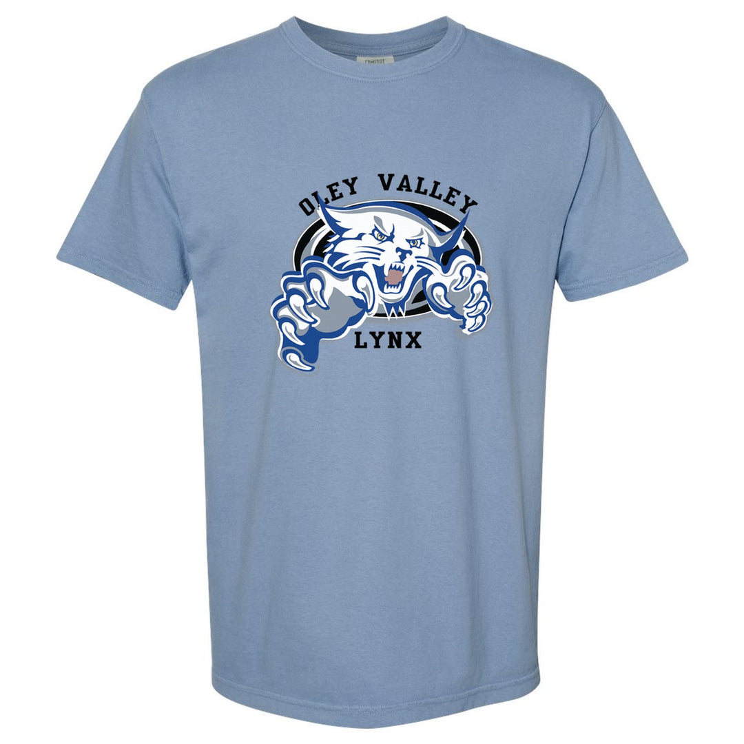 Oley Valley Lynx Mascot Crest comfort colors t-shirt in Washed Denim: the full-color lynx mascot bursting out of an oval, with Oley Valley arched above and LYNX below