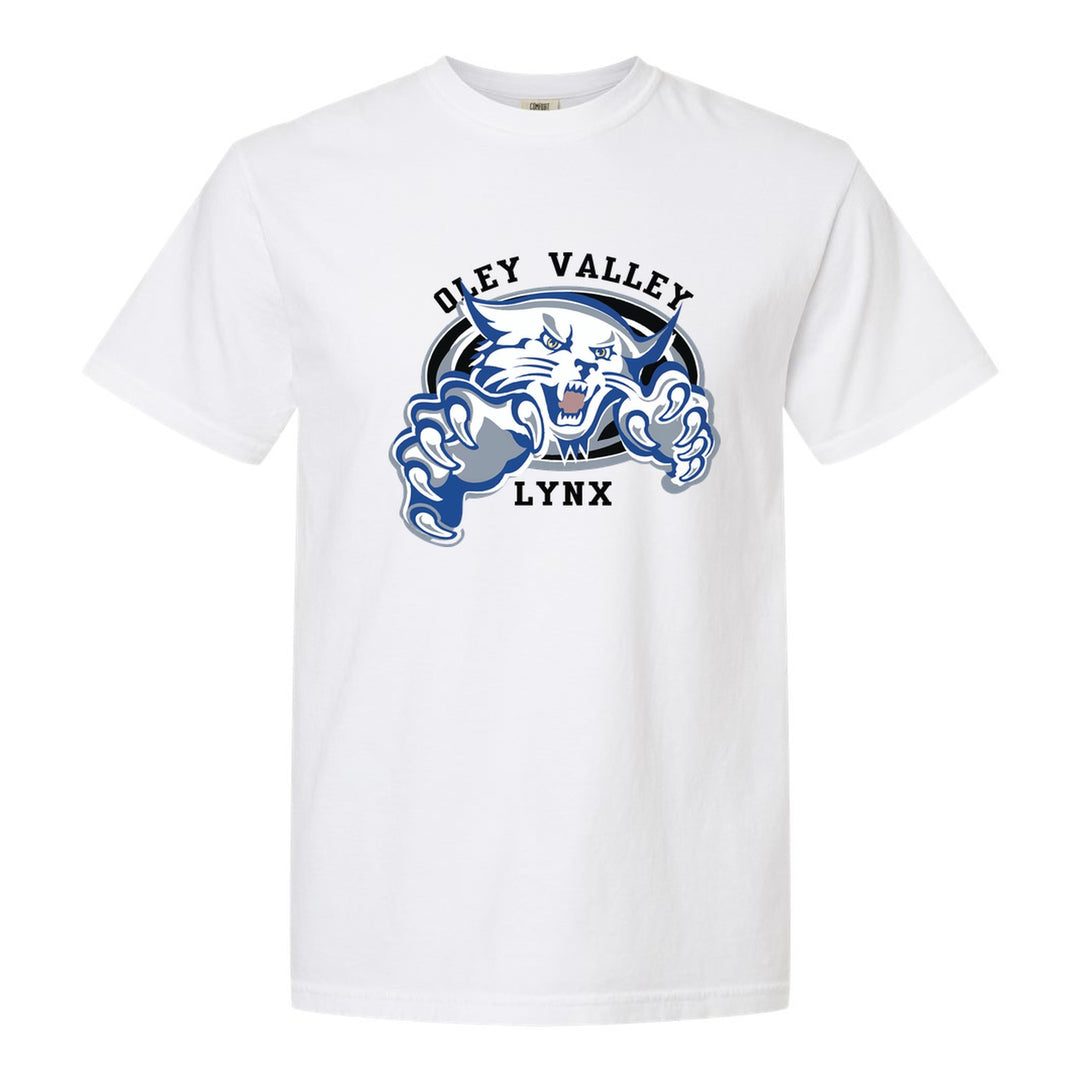 Oley Valley Lynx Mascot Crest comfort colors t-shirt in White: the full-color lynx mascot bursting out of an oval, with Oley Valley arched above and LYNX below