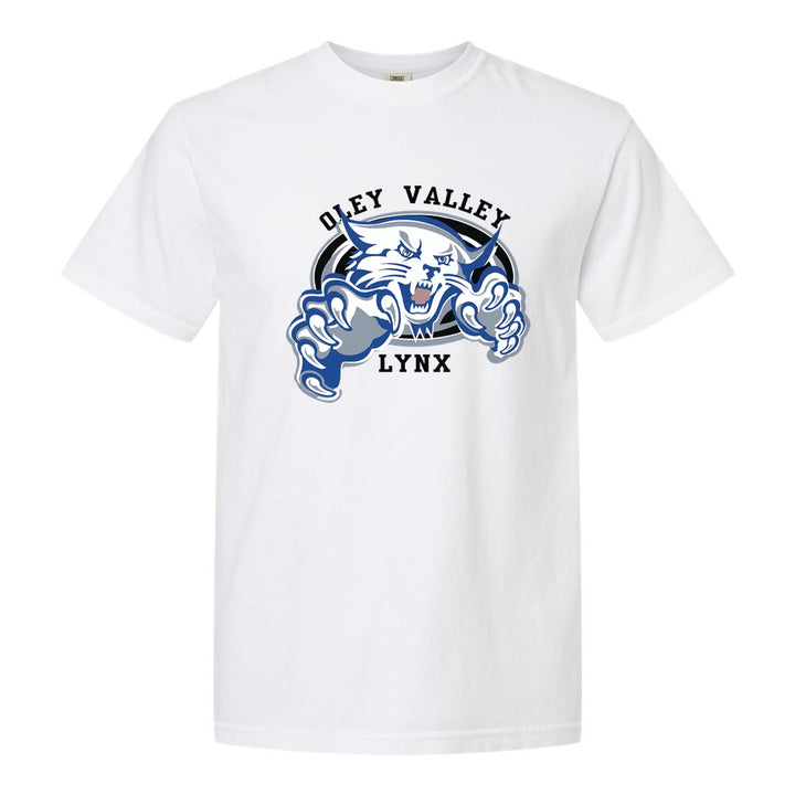 Oley Valley Lynx Mascot Crest comfort colors t-shirt in White: the full-color lynx mascot bursting out of an oval, with Oley Valley arched above and LYNX below