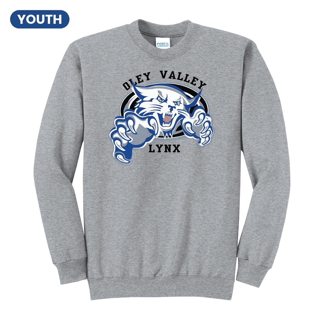 Oley Valley Lynx Mascot Crest youth crewneck sweatshirt in Athletic Heather: the full-color lynx mascot bursting out of an oval, with Oley Valley arched above and LYNX below
